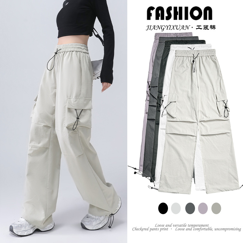 Thin solid color overalls women's spring and autumn fashion casual trend wide leg multi-bag American style design overalls