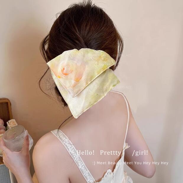 新しい中国風の花が染まったサテンスクエアスカーフ、女性用ヘアゴム、新鮮で甘いヘアゴム、優しいヘッドバンドヘアアクセサリー|undefined