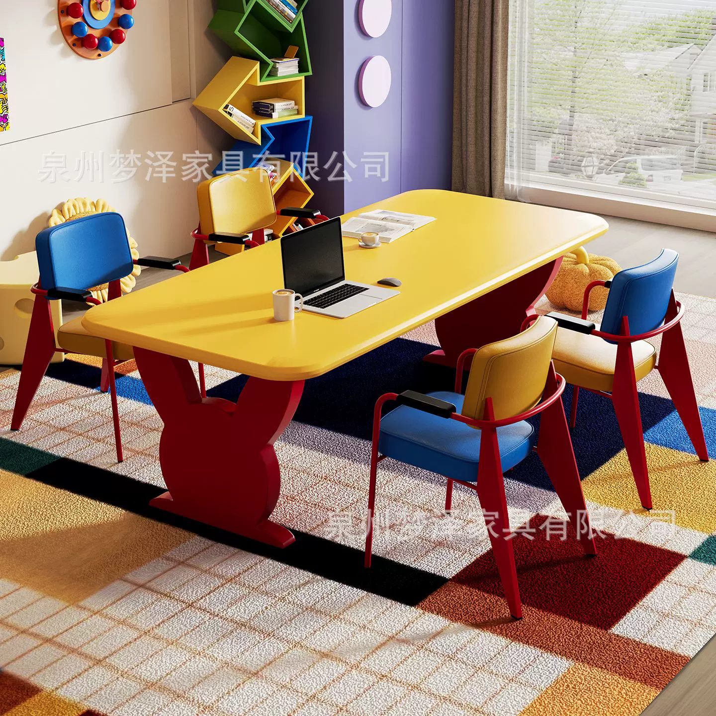 多巴胺彩色奶油风纯实木书桌客厅多人学习桌电脑桌创意极简工作台