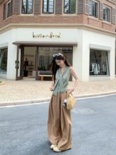 设计感绑带绿色格纹背心吊带女夏季高级感西装裤休闲裤长裤两件套