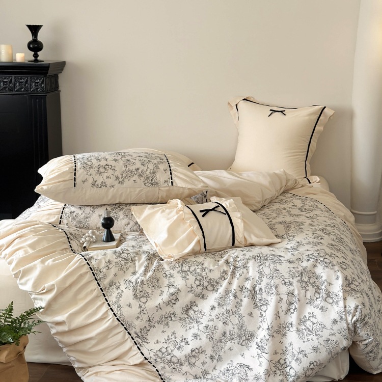 Nordic French Vintage Boho French Retro Style Autumn And Winter 50S High-thread Count Brushed Four-piece Set, Pure Cotton Thickened Warm Duvet_voghion.com