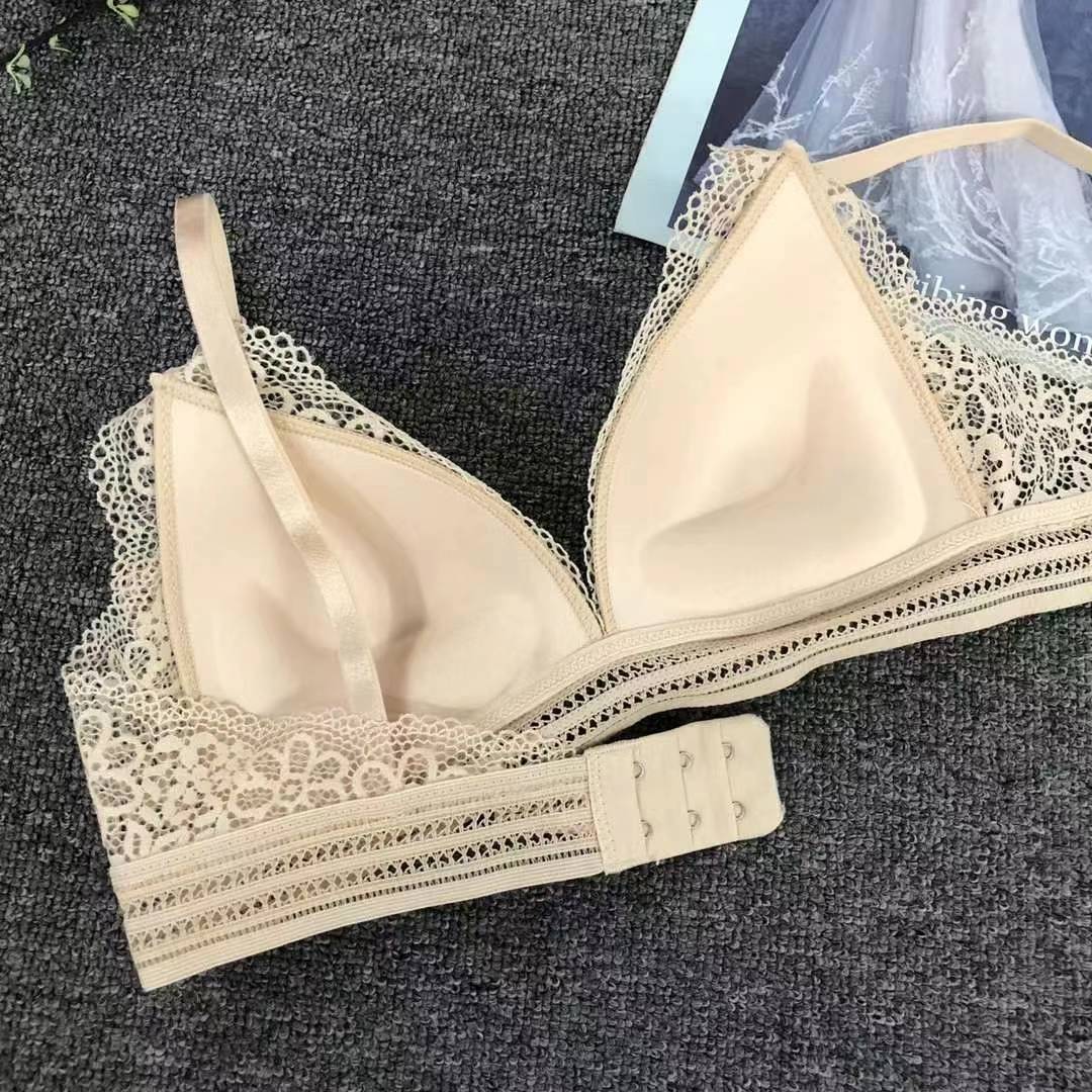Bra de encaje del sudeste asiático, ropa interior de mujer, bra de copa triangular francesa, verano sin anillo de acero, copa delgada, algodón sexy y cómodo para la piel