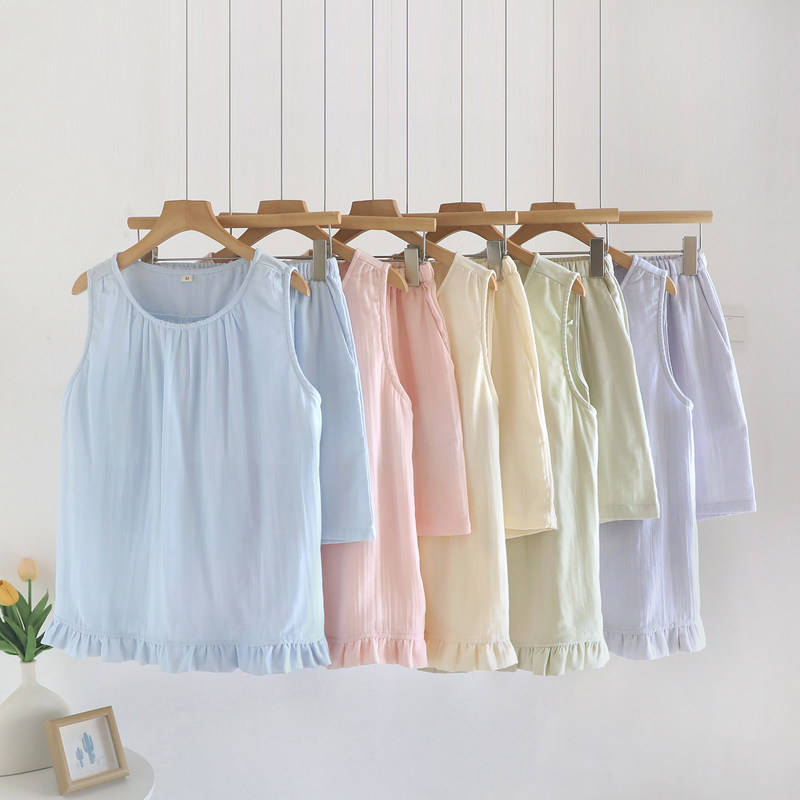 Summer Pure Cotton Gauze Pajamas for Women, Thin Vest and Shorts Set, Korean Style Sweet Sleeveless Home Wear, All-Cotton Loose Fit