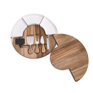 Round Solid Wood Acacia Cheese Board Double Layer Rotatable with Ceramic Bowl Cutting Board Solid Wood Spliced ​​Western Style Round Tray