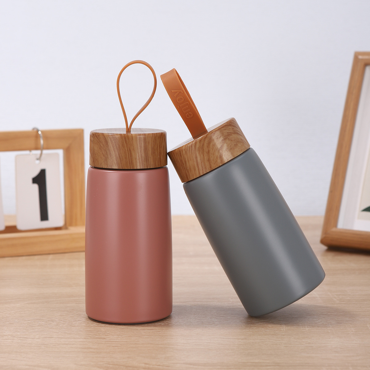 Taza térmica de acero inoxidable 304 - Doble capa al vacío - Tapa de madera estilo japonés - Portátil y mini - Ideal para regalo