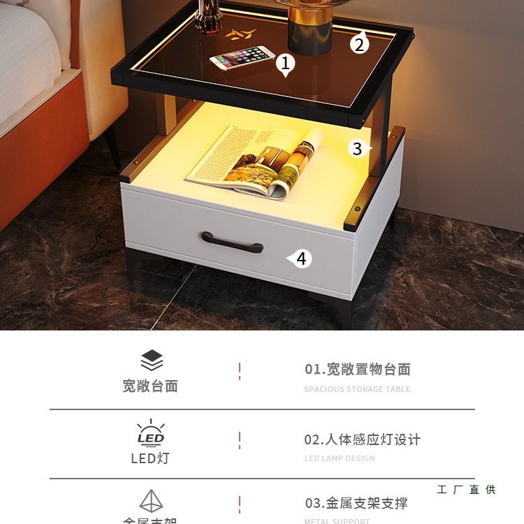 Bedside Table, Simple and Modern Bedroom Bedside Small Storage Cabinet, Internet Celebrity Ins Style, Iron Light Luxury Bedside Storage Cabinet