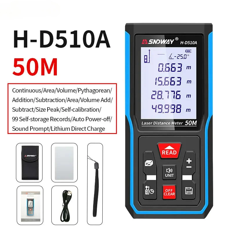 Высокоточный лазерный дальномер Shenzhen Dawei H-D510A ручной лазерной электронной линейки Английский измерительный инструмент рулетка