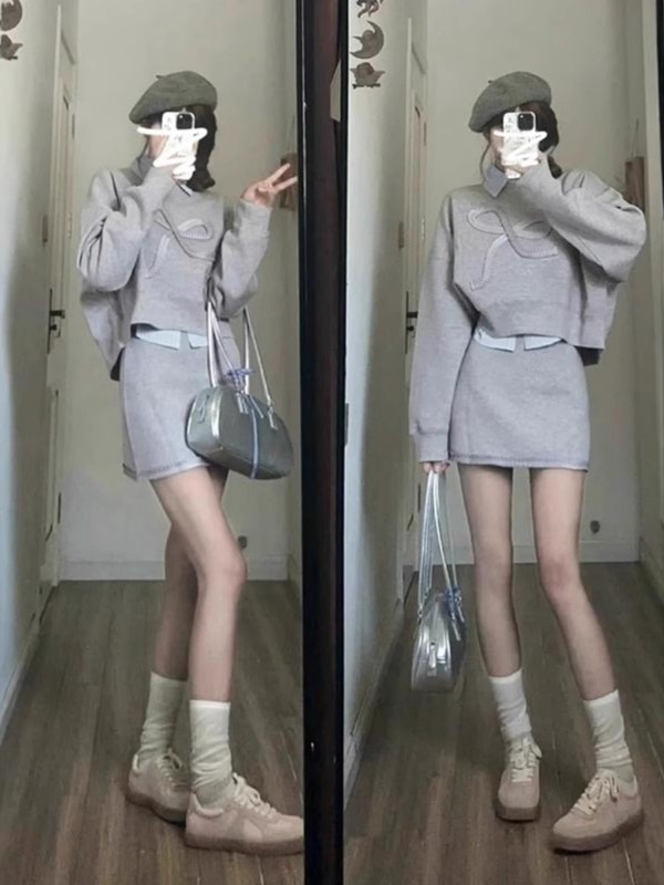 入秋韩系灰色卫衣搭配一整套连衣裙子女2025新款小个子减龄套装裙|undefined