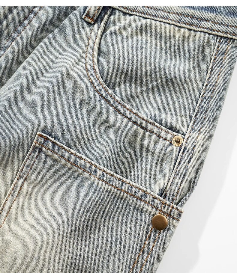 Men's Summer Thin Denim Shorts Casual Loose Fit mid Waist with Multi Pockets High-End Washed Design Trendy Five-Point Pants_mkmklike.com