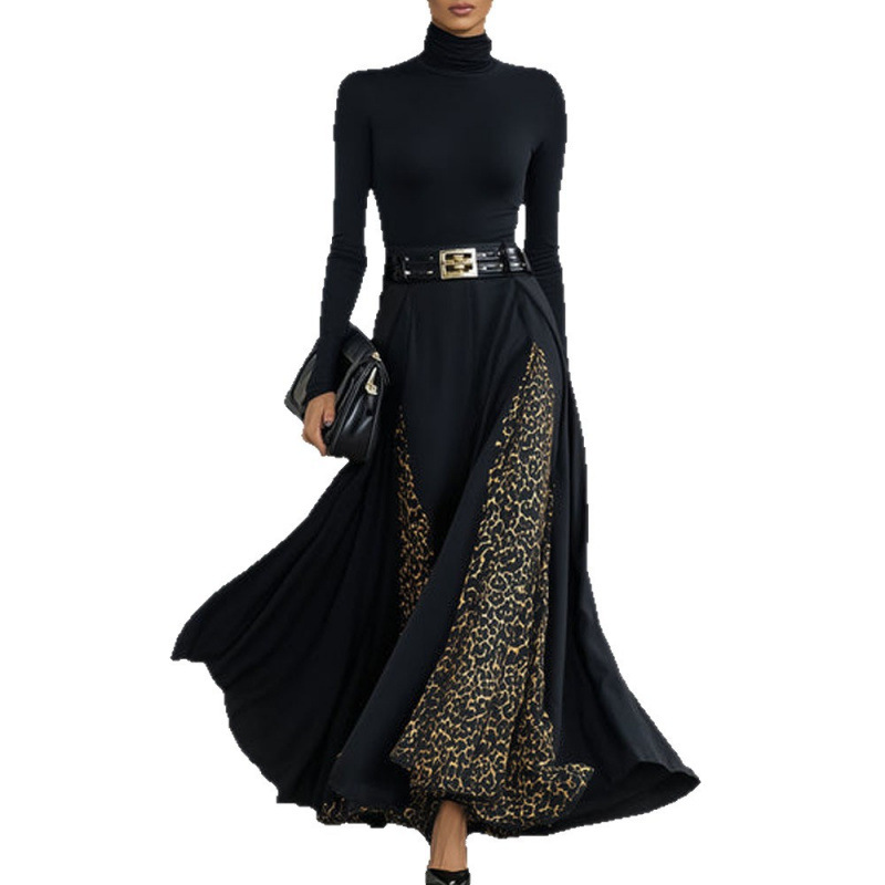 Black Leopard-Print Patchwork Street-Style Dress With Long Sleeves For Fashionistas_ecoleips.com