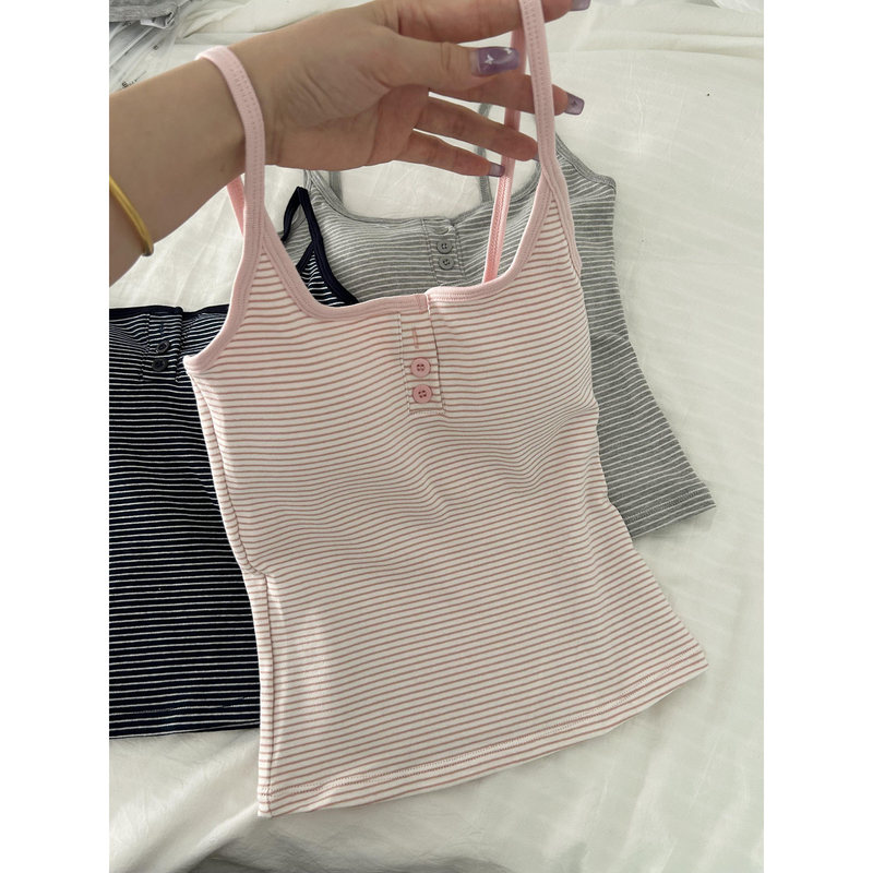 Fresh and stylish U-neck button-down striped camisole for women, perfect for summer. Features built-in padding, a youthful and innocent look, and a tank top design Fresh and stylish U-neck button-down striped camisole for women, perfect for summer. Features built-in padding, a youthful and innocent look, and a tank top design