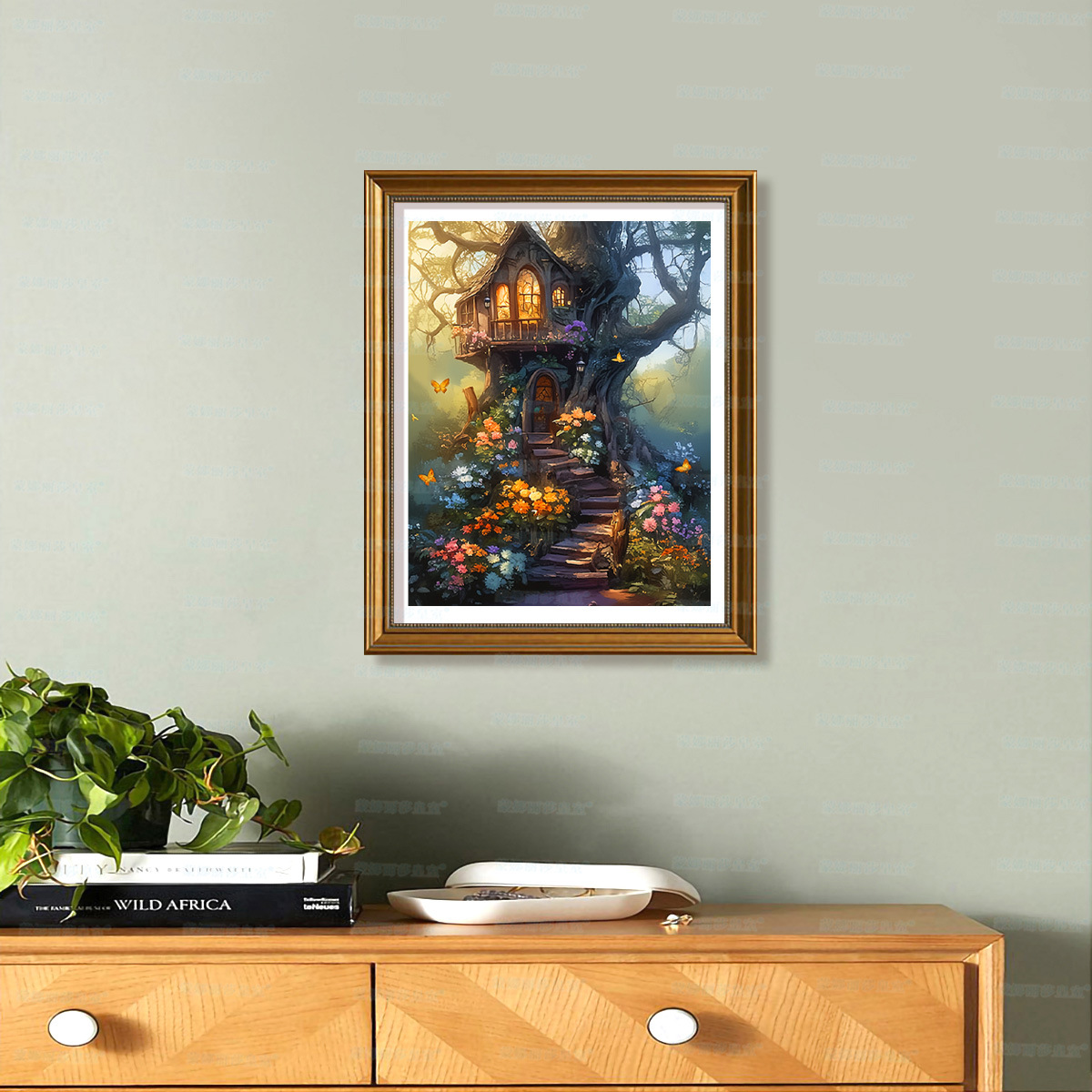 Mona Lisa Real bordado cruzado hermosa casa en el árbol nuevo estilo minimalista fantástico jardín decorativo bordado a mano