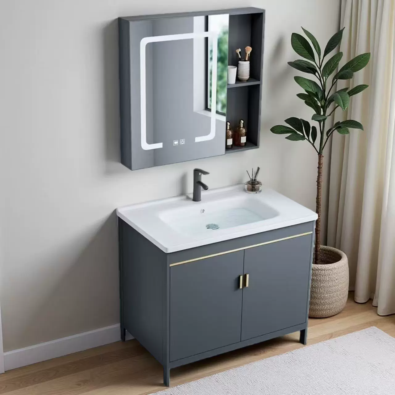 卫生间落地式浴室柜组合小户型洗手盆陶瓷洗漱台家用太空铝洗脸盆