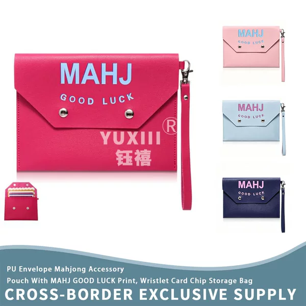Amazon's best-selling cross-border PU envelope-style mahjong accessory storage pouch with double snap buttons and hanging chain, portable makeup bag