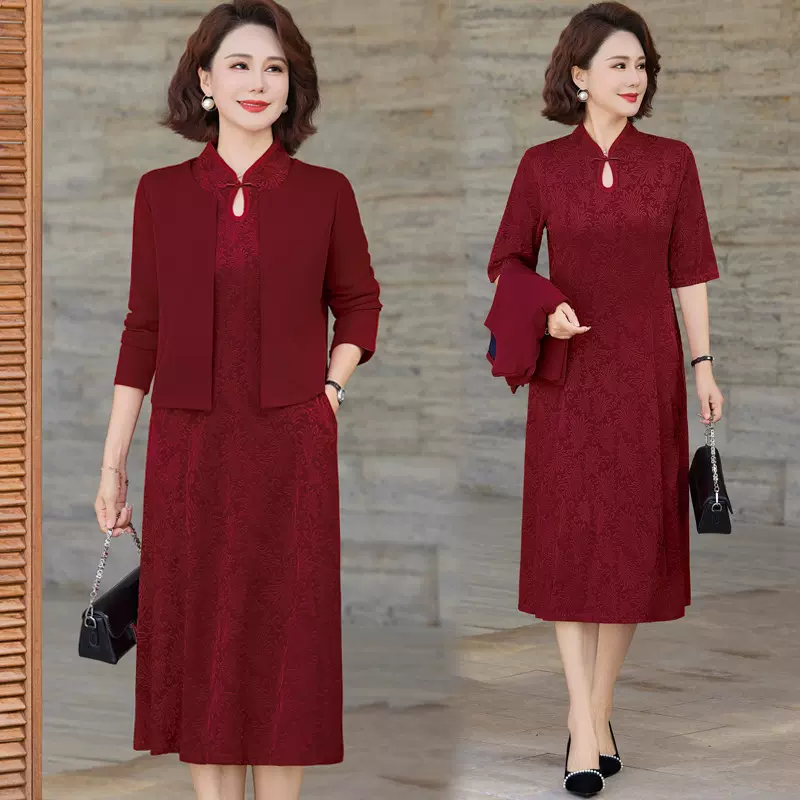 喜婆婆婚宴礼服妈妈装连衣裙套装秋冬新气质优雅中老年女装两件套