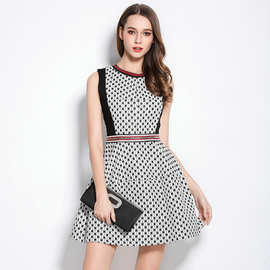 欧洲站高档大牌女装时尚拼接修身波点蓬蓬裙提花连衣裙