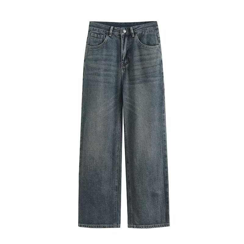 9002-24 Autumn New European and American Style High Waist Non-elastic Hem Split Loose Wide Leg Casual Mop Jeans