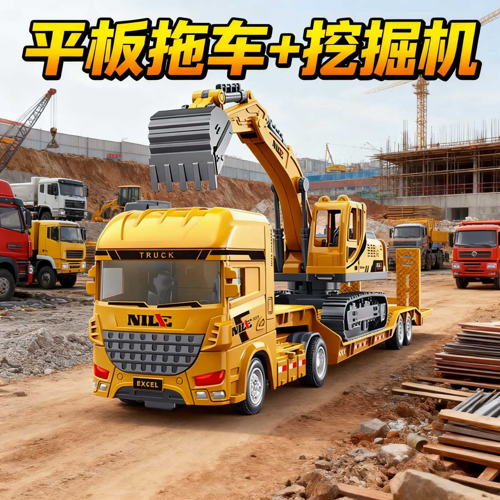 跨境大号工程半挂拖板车+车载挖掘机惯性运输男孩玩具车生日礼物