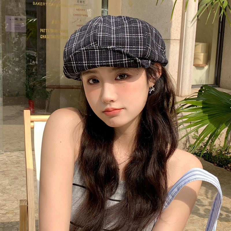 韓国チェック柄ベレー帽女性の 2025 新作春帽子ひさしキャップ顔見せ小さな八角形帽子ペインターハット薄型スタイル|undefined