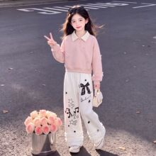 女童春2026秋季新款蝴蝶结上衣设计感别致休闲裤长裤两件套装潮流