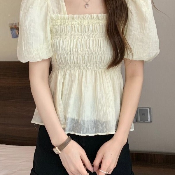 plus size Chubby Jin Wearing Short Square Collar Bubble Sleeve Shirt Slim-fit Covering Short Sleeve French Style Elegant Top