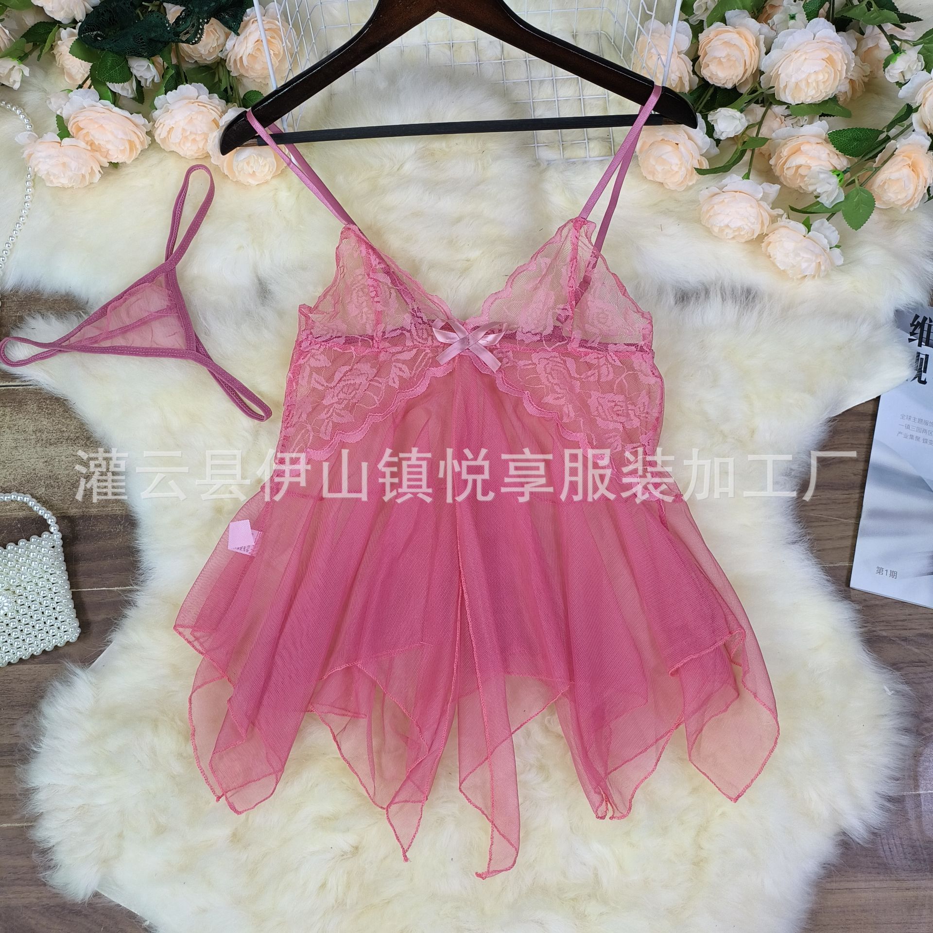 性感情趣内衣女式柔纱深V性感藕色蕾丝吊带裙美人鱼睡裙三家批发