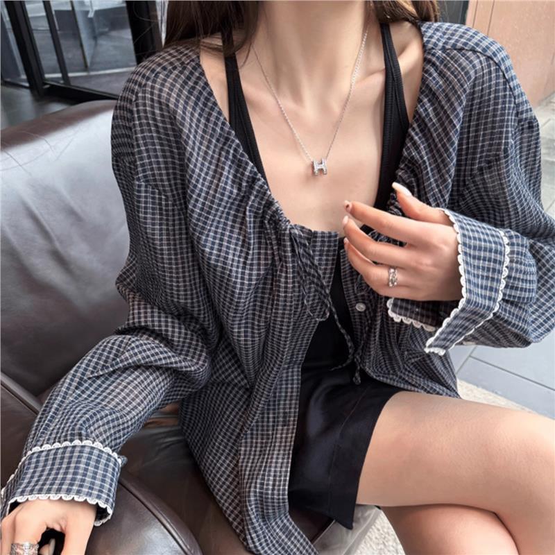 覆古格子衬衫外套女2025春秋设计款领口抽绳袖口蕾丝防晒格纹开衫|undefined
