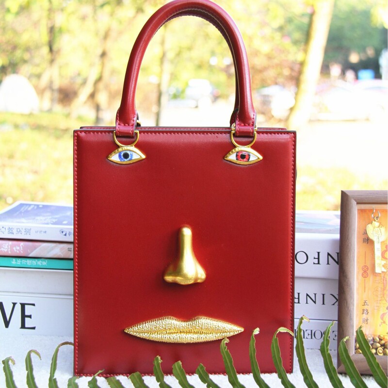 Women's Bag with a Smiling Face Design, Plain Cowhide Leather Bag, Chain Shoulder Crossbody Handbag