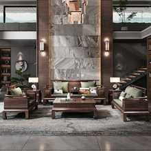 HF2X新中式乌金木全实木沙发组合冬夏两用大户型别墅古典红木客厅