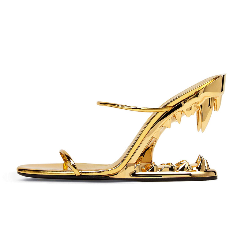 2023 high heel Tiger tooth thin strap sandals European and American women's plus size metallic foreign trade high heels fashion slippers
