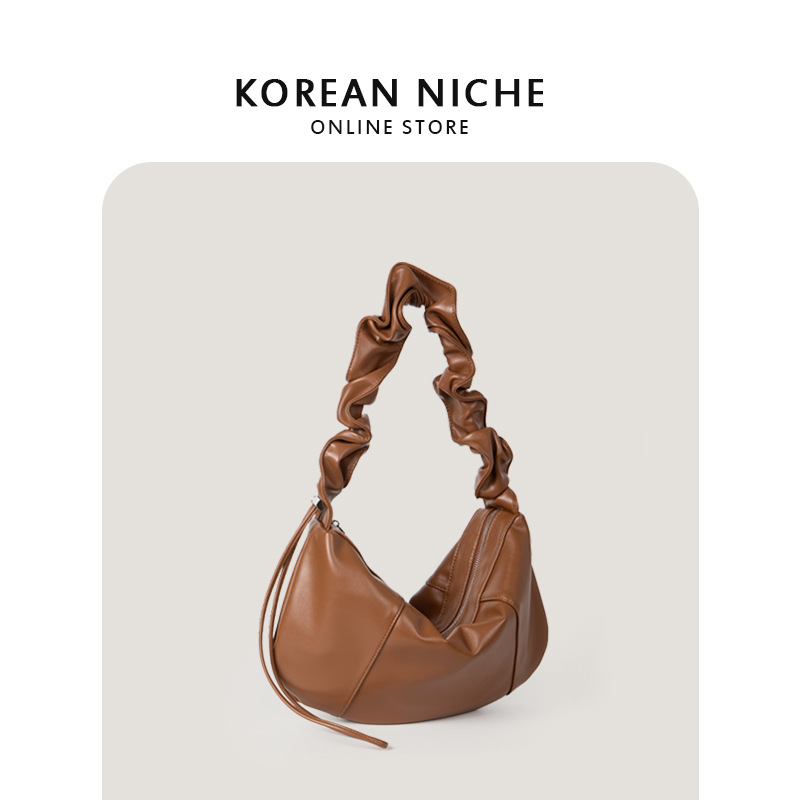 koreansk nichedesign til kvinder, plisseret blødt læder med snøre, luksuriøs følelse, håndtaske med stor kapacitet_voghion.com