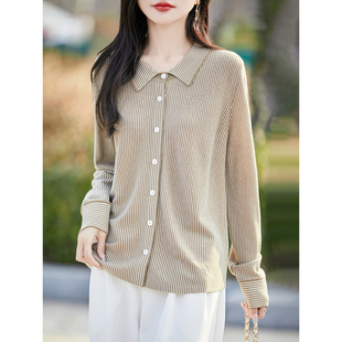Hong Kong Style Stripesd Shirt Women's Polo Collar Knitted Cardigan Spring & Fall New Color Matching Layered Lapel Inner Layering Shirt
