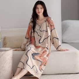 春秋新款纯棉拉架女士长袖套头睡裙睡衣时尚休闲女家居服图片色