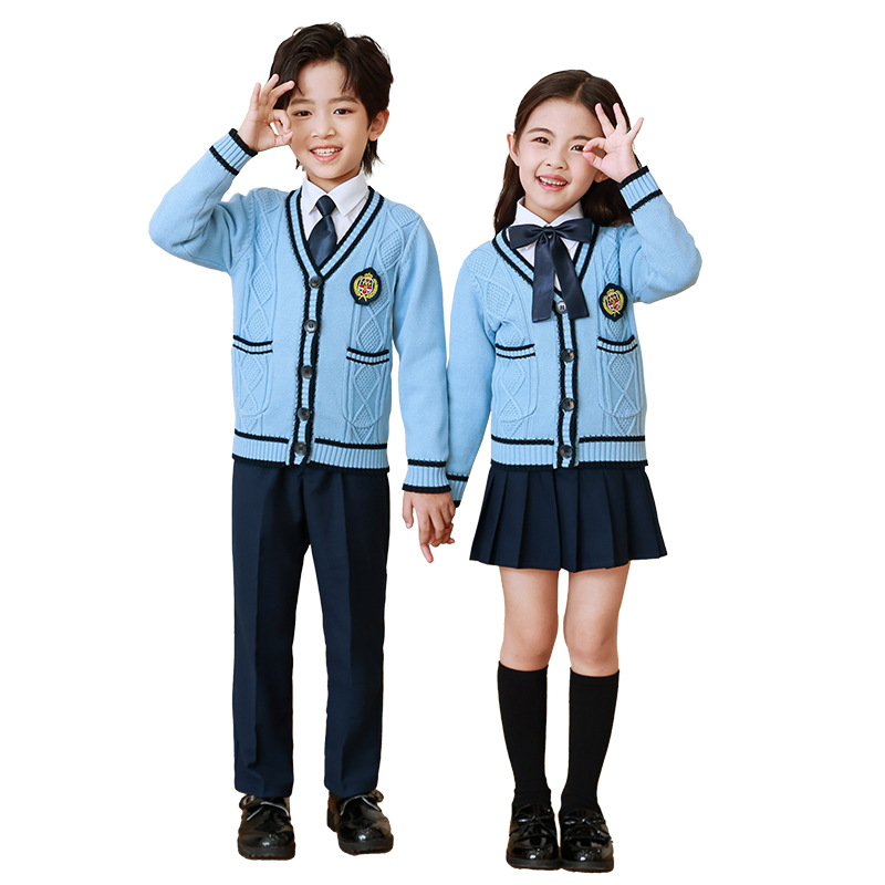 Uniforme escolar para estudiantes de primaria primavera y otoño ropa de clase de estilo universitario traje cardigan de estilo coreano para niños Jardín de Infantes de tres piezas británico Ropa de jardín