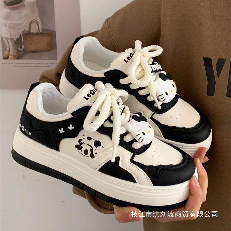 2025 Spring Black and White Panda Cute White Shoes Women's Thick Sole Versatile Casual Student Sneakers Sports Shoes