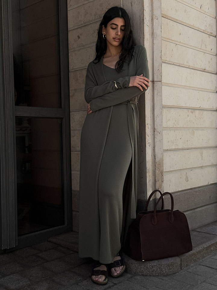 Bộ đầm dài kèm áo cardigan dệt kim dài tay nữ — Màu cà phê đậm, Màu hồng, Màu trắng, Màu xám chi tiết 71