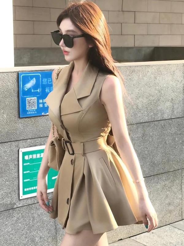 韩版轻奢风洋气收腰百搭西装领无袖连衣裙女2025夏季新款时尚裙子|undefined