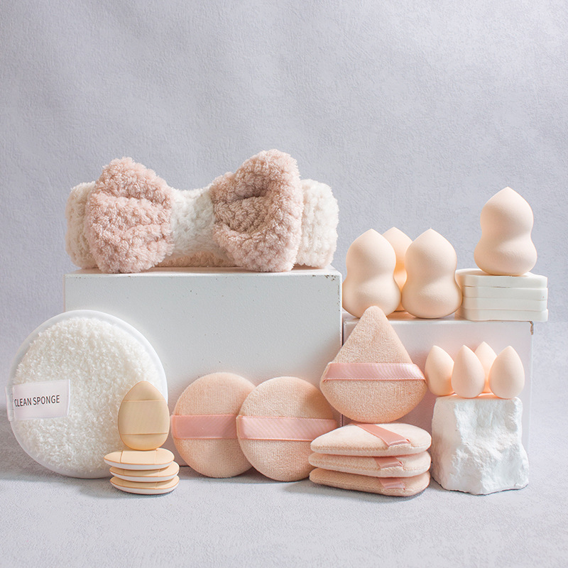 Coral veludo cabello banda de maquillaje huevo banda de cabello polvo de lavado de cara conjunto de lavado de cara polvo de algodón transfronterizo polvo de polvo image 25