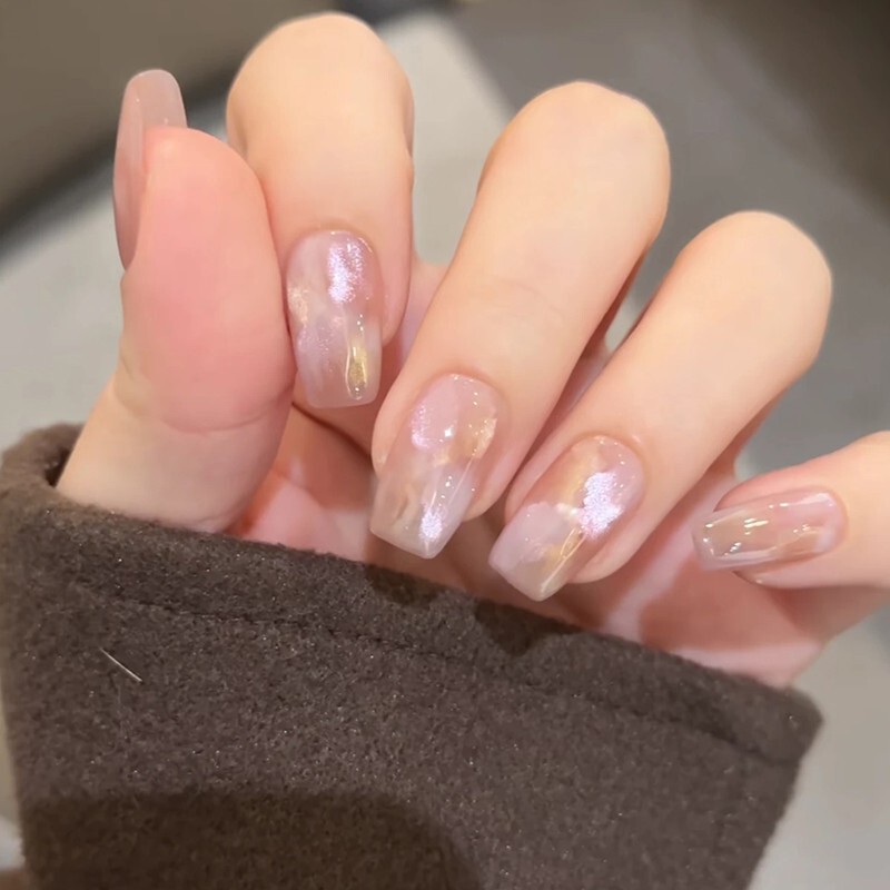 Special Gold Milky White Cat's Eye Hand-Painted Handmade Wearable Nails with Smudged Whitening Nude Pink Short Manicure Patches Fake Nails