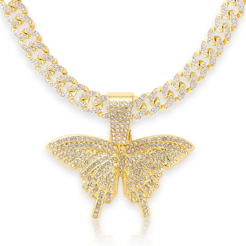 Collana con ciondolo a farfalla in lega di diamanti, tendenza moda hip hop, catena cubana, stile identico per uomo e donna_voghion.com