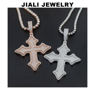 European and American Cross-Border 925 Silver Full Diamond Moissanite Cross Pendant Hip-Hop Necklace Men's Rap Trendyy Stylish Chain
