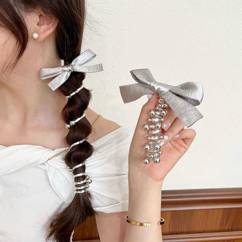 silver bow phone line hair ring high-grade bubble braid hair rope ponytail head rope sweet straight beam hair circle