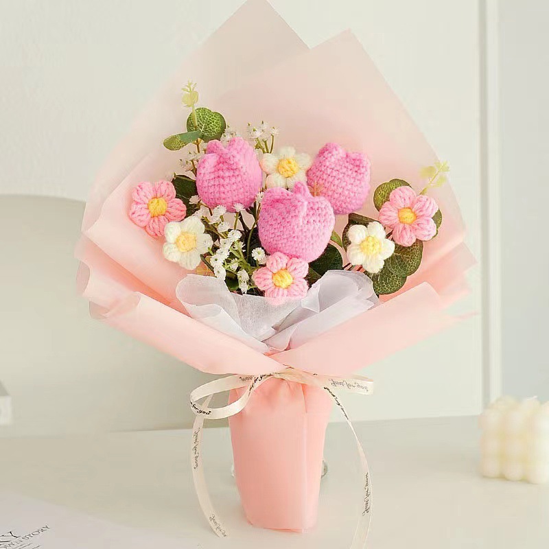 Buchet de flori finisate din lână tricotată cu floarea-soarelui pentru prietena de ziua de naștere, simulare, Ziua Îndrăgostiților_voghion.com
