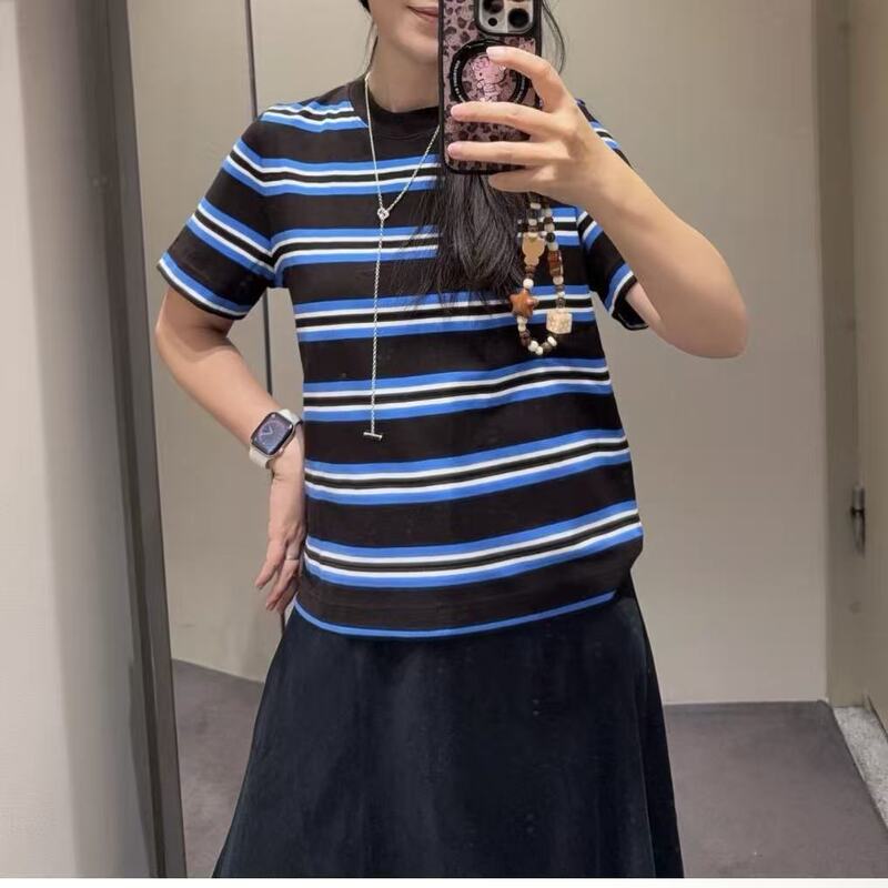 Cs Women's Standard Fit Round Neck T-Shirt Brown/Blue/Striped 2026 Spring 1325526009 Cs Women's Standard Fit Round Neck T-Shirt Brown/Blue/Striped 2026 Spring 1325526009