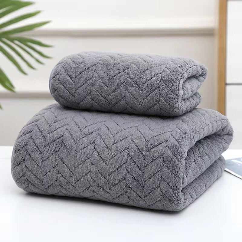 Cross-Border Coral Fleece Towel Set with Wheat Stripe Pattern, Thickened and Absorbent Bath Towel, Absorbent Adult Face Towel, Beach Towel