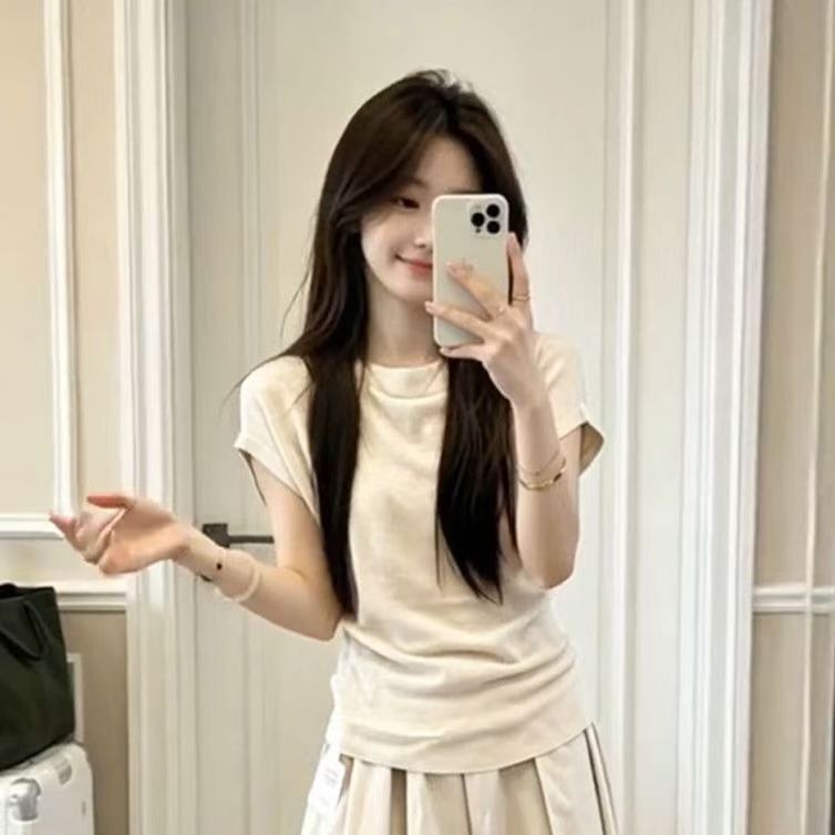 Beige Color Lazy Style Simple Fashion Suit for Women Summer Waist-Cinching Short-Sleeved Top Women's Casual Wide-Leg Pants Two-Piece Set