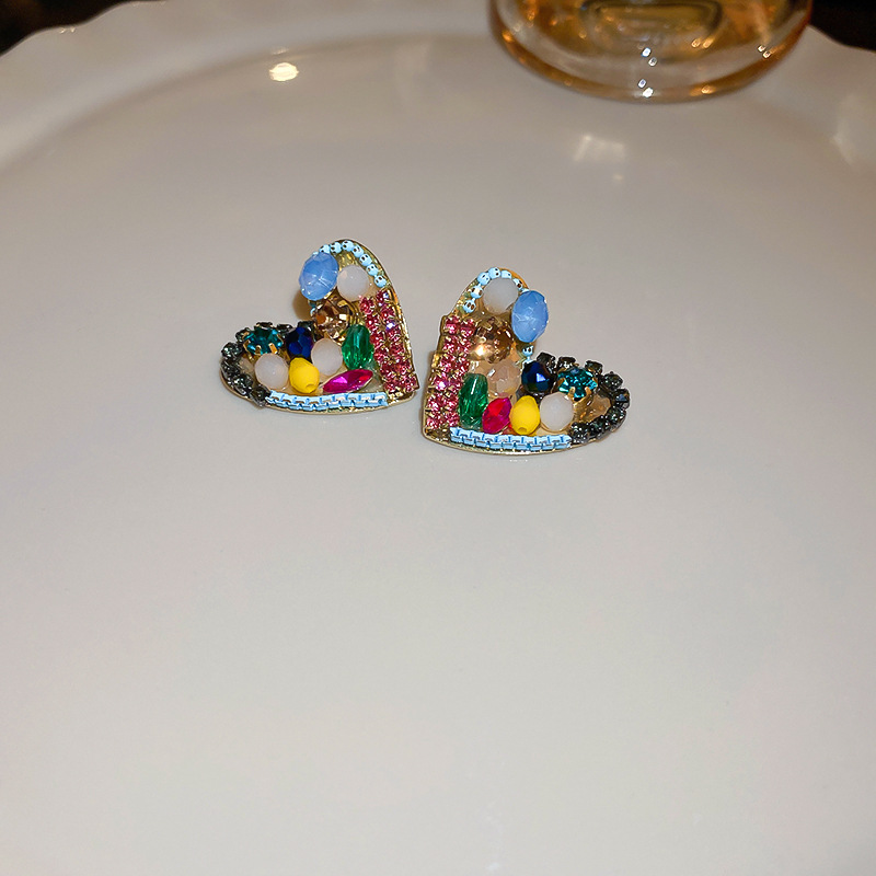 Cute Heart Shape Copper Plating Rhinestones Earrings 1 Pair