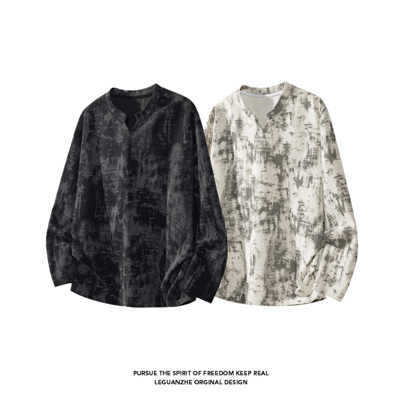 灯芯绒扎染v领长袖t恤男款秋季小众设计感内搭打底衫美式复古上衣