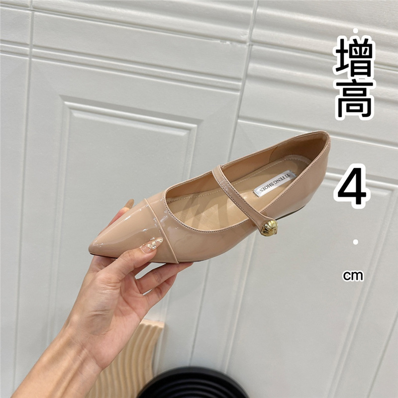 Nude Pointed Toe Height-Increasing 4cm Single Strap Color-Blocked Metallic Mary Jane Evening Style Elegant Slimming Women's Shoes
