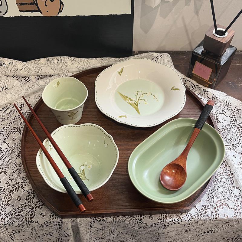 Manga Life Boss Lady Lily of the Valley Flower Bowl and Plate Tray Set for One Person Postpartum Meal Exquisite New Chinese Style Set